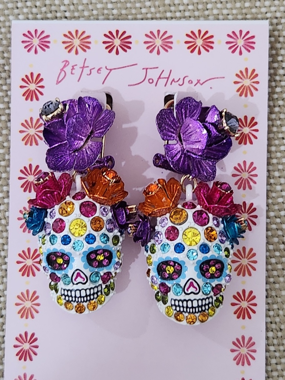 BETSEY JOHNSON FLORAL SUGAR SKULL DAY OF THE DEAD CRYSTAL DROP EARRINGS NEW